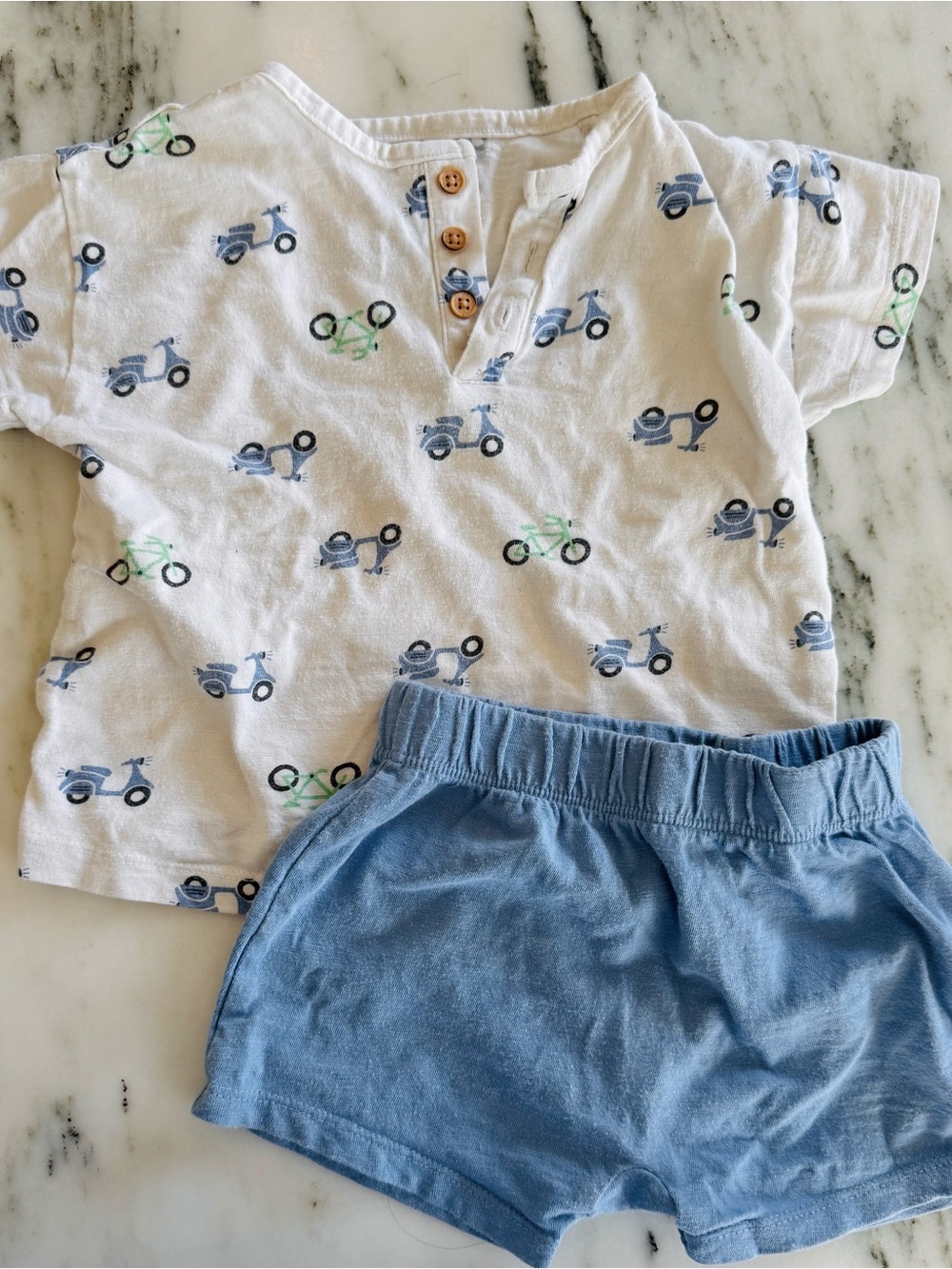 Cat & Jack scooter tshirt & blue shorts Cream Print Tee & elastic Shorts 18 mo